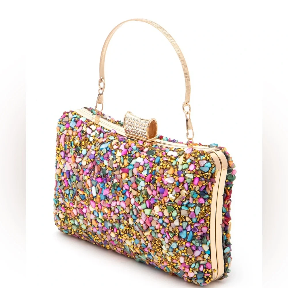 Multicolor Mix Druzy Gold Clutch Bag